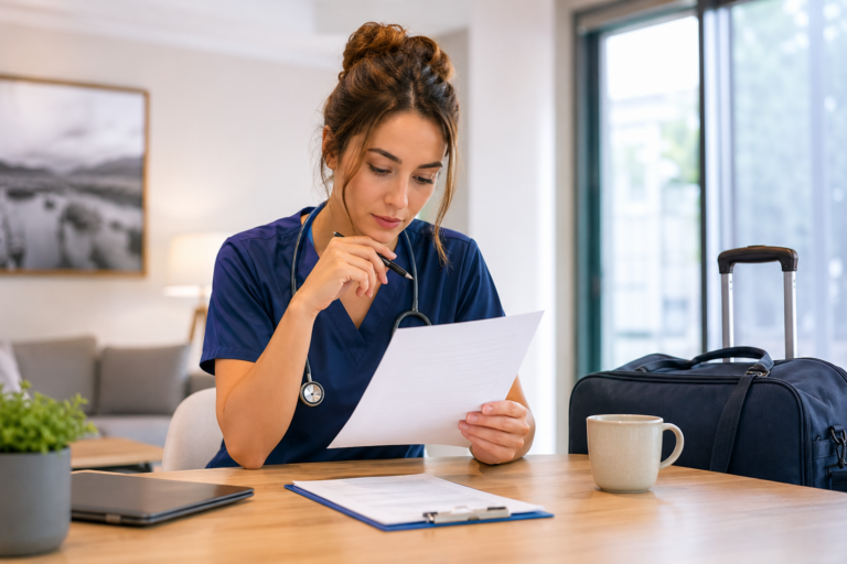 First-Time Travel Nurse reviewing travel nurse contract before assignment