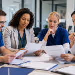 Healthcare Hiring Process team reviewing nurse applications in hospital recruitment office