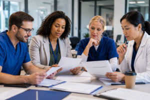 Healthcare Hiring Process team reviewing nurse applications in hospital recruitment office