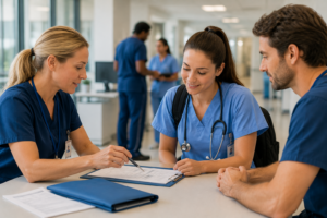 Streamlined healthcare hiring process showing nurse onboarding in modern hospital environment