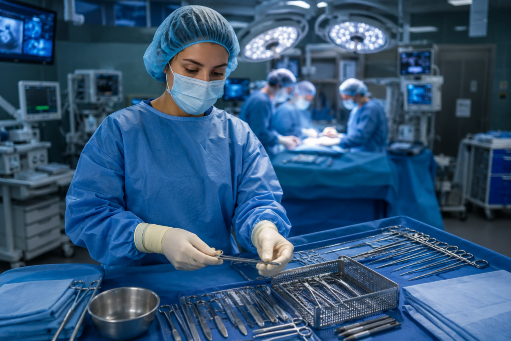 Operating Room Staffing Trends 2026 with scrub tech preparing surgical instruments in a modern hospital operating room