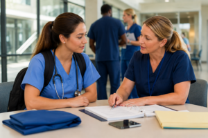 First-Time Travel Nurse receiving orientation for travel nursing assignments in a hospital
