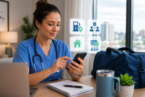 Travel nurse using fuel savings and networking apps during healthcare assignment