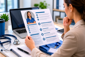 Healthcare recruiter reviewing a Travel Nurse Resume for travel nursing assignments in the USA